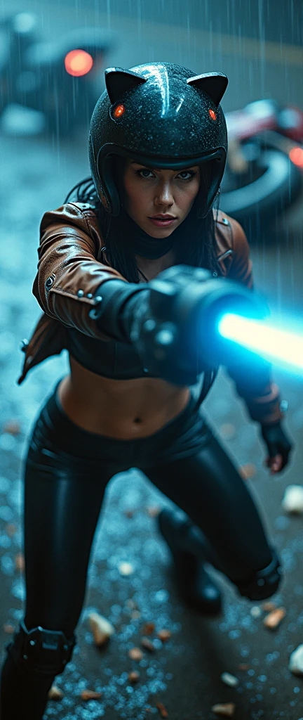 Natalie Portman as Asaj Ventress, bold, in fighting pose, holding a lightsaber, wears a jedi clothes, cleavege, (mid shot:2.0) voluptuous legs,  belly is exposed, top, in a rooftop of a futuristic city, at night,  an explosion is in the back, tie fighter are flying in the sky,, barefoot, stormtropper is near