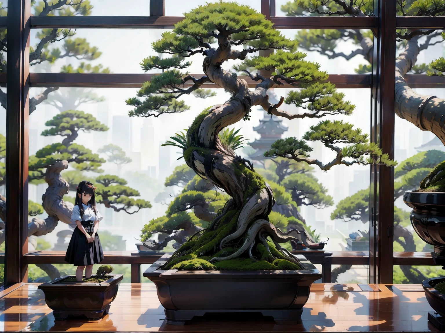 (Girl and Bonsai:1.2)、bonsai, Famous Bonsai Garden, (Lots of bonsai:1.2)、A wonderful masterpiece、High-end display stand、(Blur the background)、Best Quality、High image quality、masterpiece、4K、8k、wallpaper、