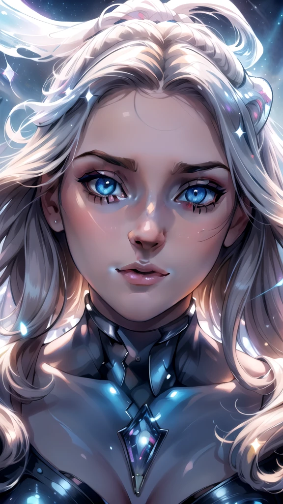 Masterpiece, Superb Girl, Cute Girl, Bust, High Detail Eyes, Perfect Eyes, Portrait, High Detail Face, Same Eyes, Glare, Rainbow Color, Global Illumination, Soft Light, Dream Light, Digital Painting, 8K Close-up, Fantasy, Night Sky, Stars, Nebula, White Crystal, Moonlight, Serenity, Summer, (8K:1.1)