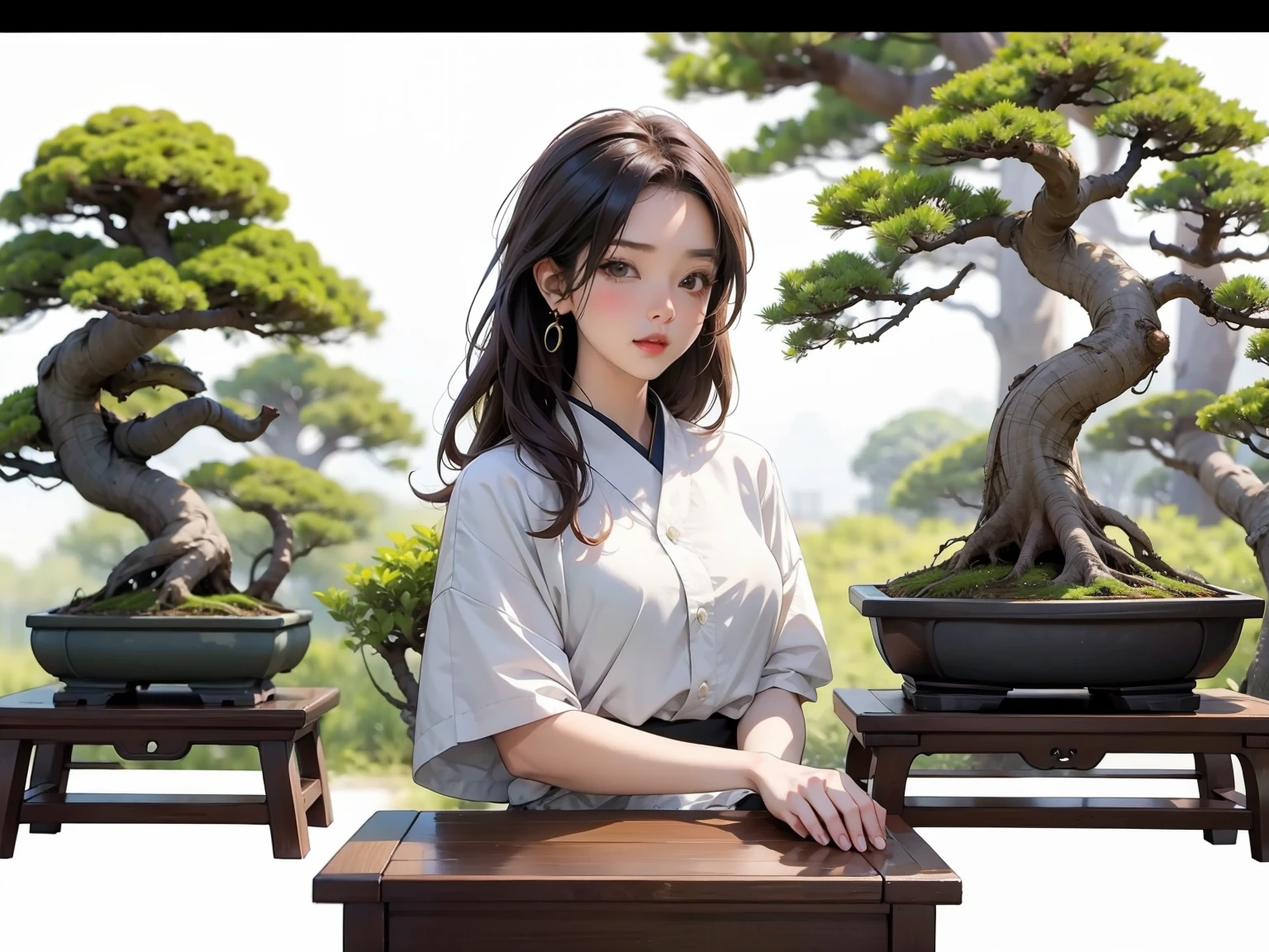 (Girl and Bonsai:1.2)、bonsai, Famous Bonsai Garden, (Lots of bonsai:1.2)、A wonderful masterpiece、High-end display stand、(Blur the background)、Best Quality、High image quality、masterpiece、4K、8k、wallpaper、