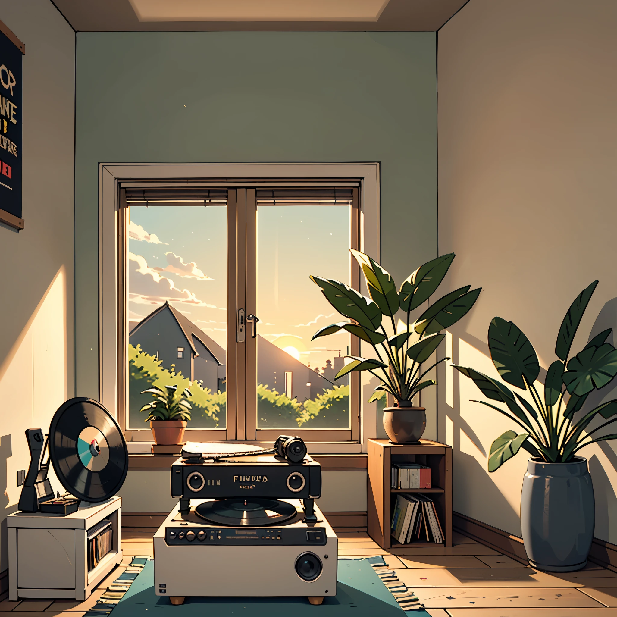 Lo-fi scene of a cozy bedroom with a large window revealing the golden and pinkish sky of the evening. The sun slowly sets on the horizon, bathing the room in a warm, soft light. A vintage record player is playing next to a stack of vinyl records, while potted plants cast delicate shadows on the walls. The atmosphere is quiet, with soft details and light strokes, capturing the peace of a nostalgic afternoon in lo-fi style.