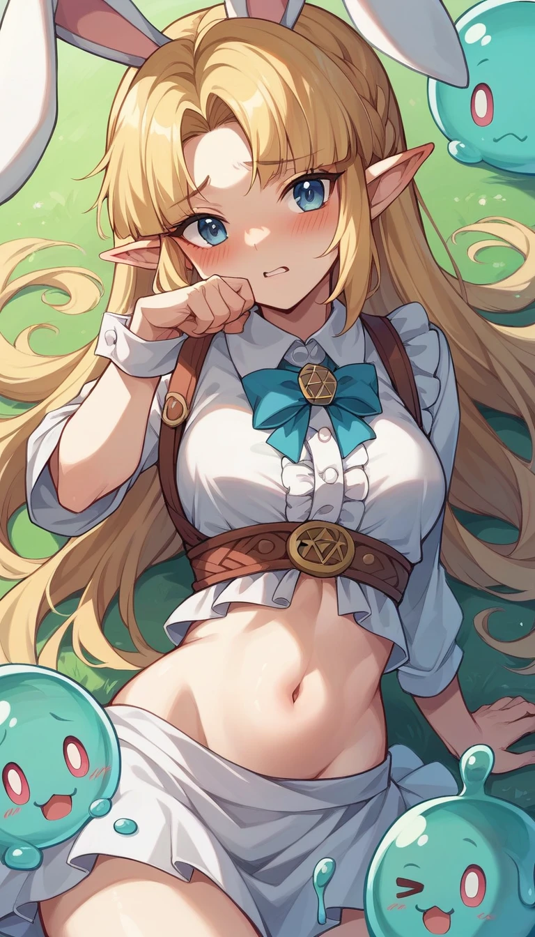 masterpiece, best quality, perfect anatomy, perfect body, perfect face, perfect hand, cowboy shot, From front, 1girl, little young girl, standing, kawaii, (oval face:1.4), (vertical eyes:1.3), (drooping eyes:1.5), (short eyes:1.4), grey-green eyes, blush, (highlight on pupils), smiling, flat hair, (forehead), side swept to back, center part forehead, blonde hair, straight-long hair, , narrow shoulder, stocky and plump, small breast, nude