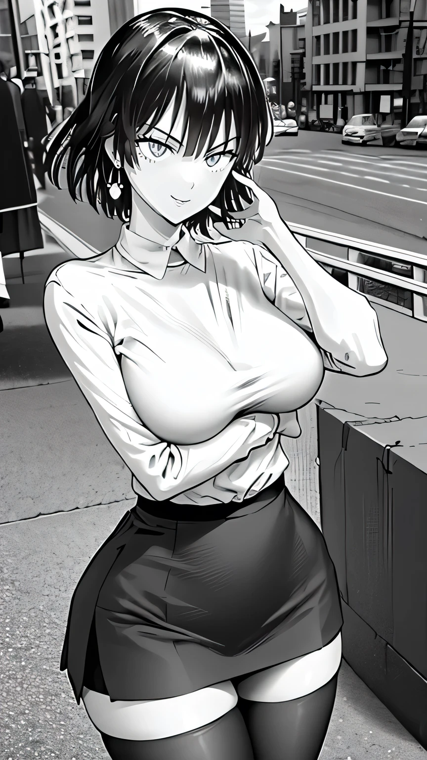 Adult woman, manga style art, ((black and white color ing)), masterpiece, highres, solo, 8k, detailed, perfect face, (ultra high quality), large breast, long Belly, long legs, Slender body, short hair, shirt , loose t shirt, skirt, mini skirt, parted skirt, stockings, smile, whole body, from front, city, 