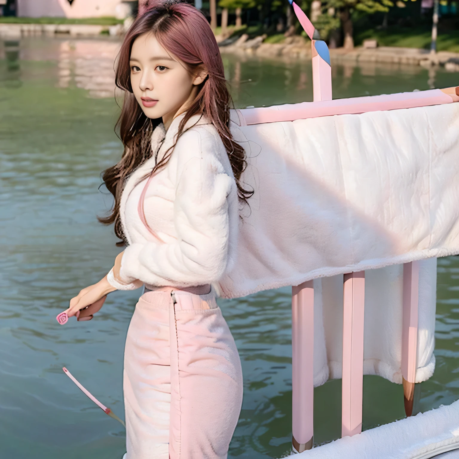 in the lake side, (full body wide shot), korean university girl, 25years old, tall girl, long hair, black hair, pretty face, perfect face, beauriful face slim body, (wearing white fleece:1.7), (short pink pencil skirt:1.7), wet hair, shackled hair, wet body