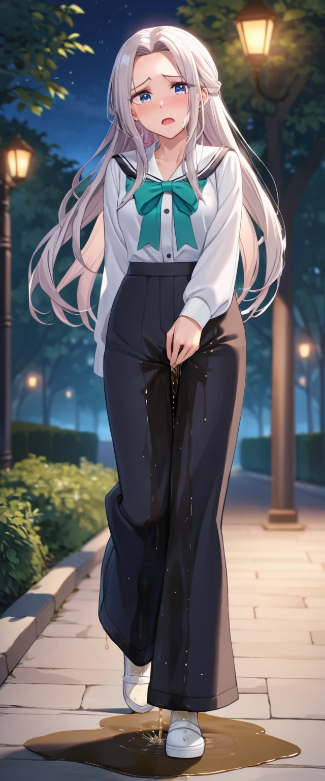 A girl with white hair. pees in leather leggings. Urine runs down my legs. Pants are washed between the legs. She moans sexy and has an orgasm while standing