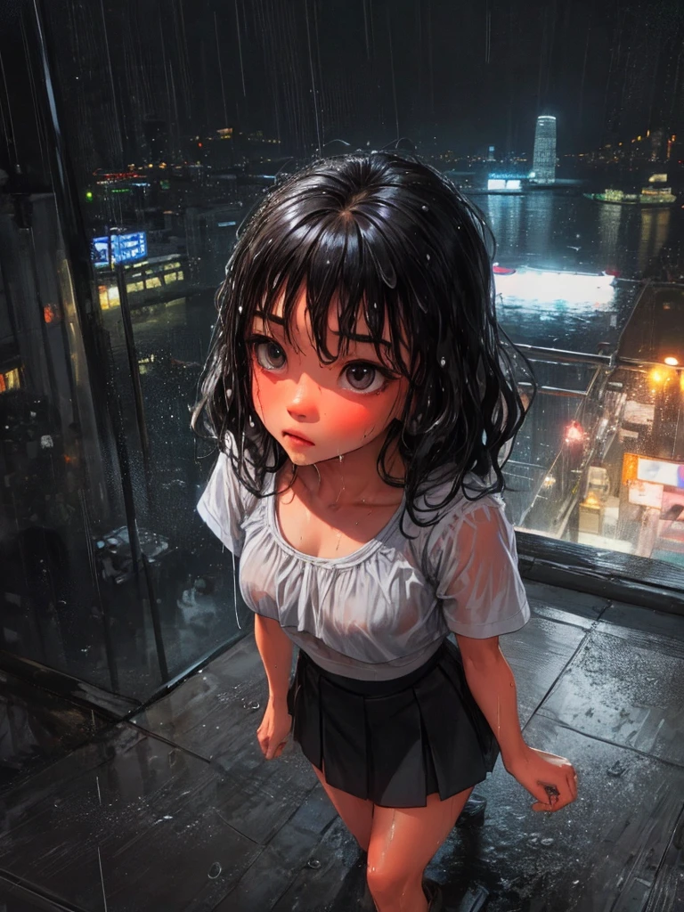 ultra-detailed, vibrant colors, soft natural lighting, fine art, bokeh effect. upper body, casual outfit, medium shot, big eyes, huge eyes, ((standing)), ((raining:1.4)), under the rain, ((gray colours:1.5)), ((at night)), ((dark atmosphere:1.5)), ((small breasts:1.3)), ((flat chest)), ((neon lights:1.4)), ((Hong kong view on the background:1.4)), ((wet hair:1.5)), ((wet:1.4)), ((mini skirt:1.4)), ((view from above:1.4))