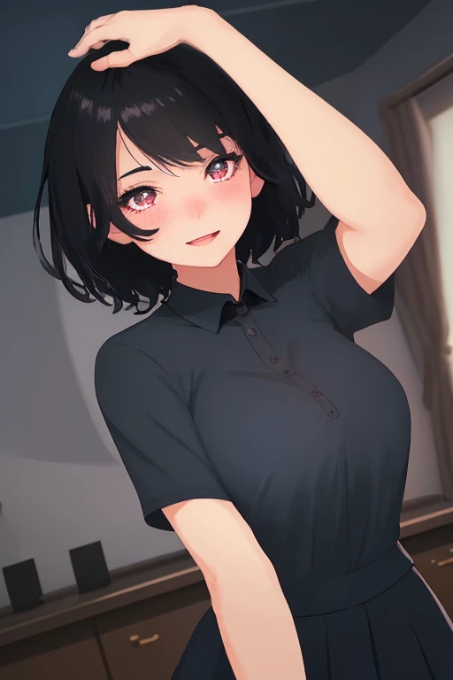 1girl, short black hair, excited expression, blushing, school uniform, hands making heart shape on chest, large bust, detailed bedroom interior, award-winning illustration, high quality, photorealistic, 8k, cinematic lighting, vibrant colors, dynamic pose