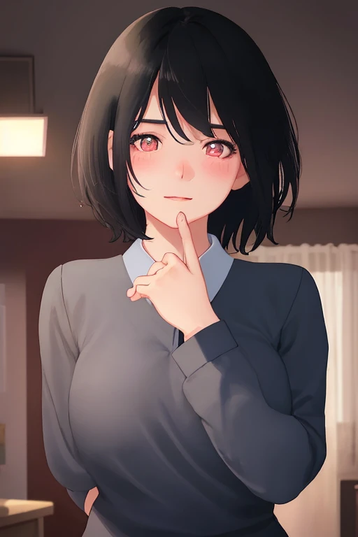 1girl, short black hair, excited expression, blushing, school uniform, hands making heart shape on chest, large bust, detailed bedroom interior, award-winning illustration, high quality, photorealistic, 8k, cinematic lighting, vibrant colors, dynamic pose