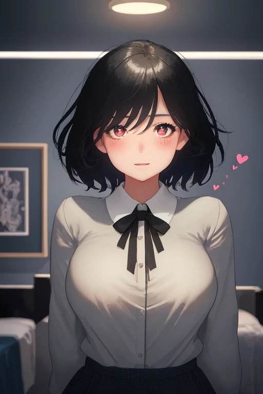 1girl, short black hair, excited expression, blushing, school uniform, hands making heart shape on chest, large bust, detailed bedroom interior, award-winning illustration, high quality, photorealistic, 8k, cinematic lighting, vibrant colors, dynamic pose