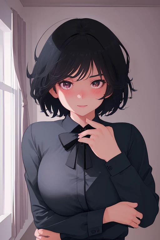 1girl, short black hair, excited expression, blushing, school uniform, hands making heart shape on chest, large bust, detailed bedroom interior, award-winning illustration, high quality, photorealistic, 8k, cinematic lighting, vibrant colors, dynamic pose