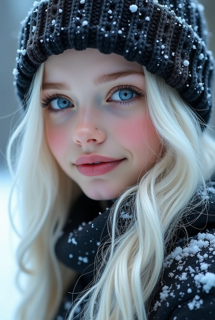 Beautiful girl, blue eyes, white hair, detailed facial traits, national turkic female dress, naked breasts, yurta behind, it's snowing, blowjob, 15 cm male penis