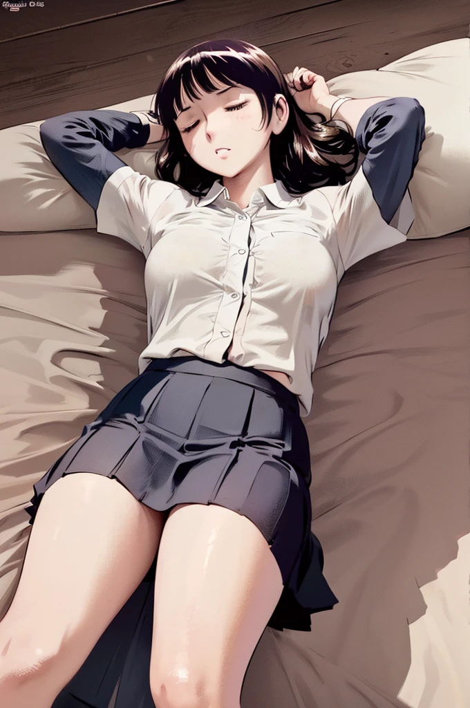 beautiful high school girl,(((school uniform))),(((Her white underwear is visible through her turned-up dark blue skirt))),camel toe,(sleeping state:1.5),Japanese,(big breasts:1.0),(((on soft white sheets))),1,well-proportioned face,detailed face,brown hair,tight waist,Beautiful leg lines,Beautiful skin with no blemishes,A model with outstanding style,Sensual gravure idol,deep shadow,Focus is on the face,ultra high resolution,depth of field,NSFW