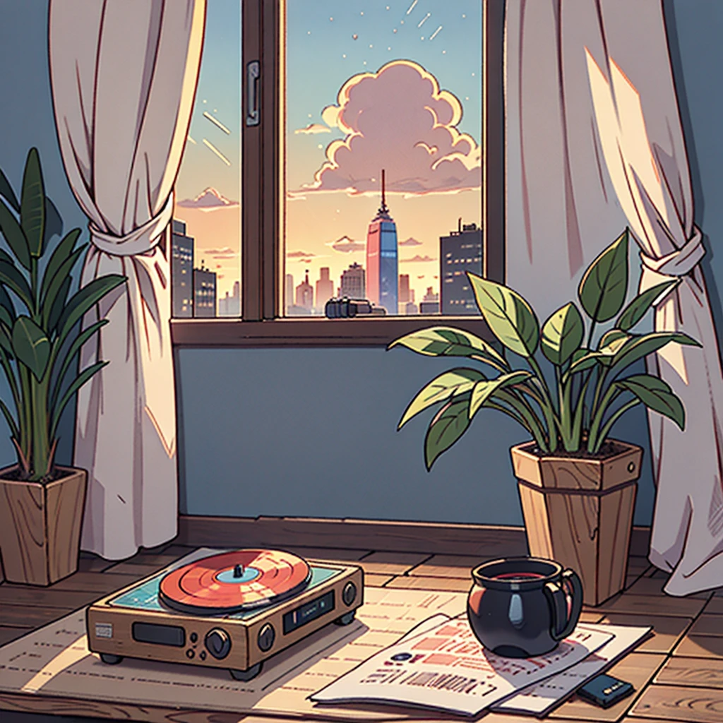 Lo-fi drawing of a room lit by the soft light of sunset, where the warm orange and pink colors of the sky reflect on the walls. A light breeze comes in through the open window, gently shaking the curtains. In the background, a distant city is seen under the bright late afternoon sky, while the tranquility of the moment is captured in the delicate strokes of art. in the room, a record player spins slowly, playing a relaxing melody, with vinyls and magazines scattered on the wooden floor. Plants in the corners of the room cast soft shadows, and small details like a cup of tea and a notepad on a table reinforce the atmosphere of calm and introspection. The soft colors and simple lines capture the serene and melancholic feeling of the song., creating a sense of comfort and contemplation in a lo-fi style