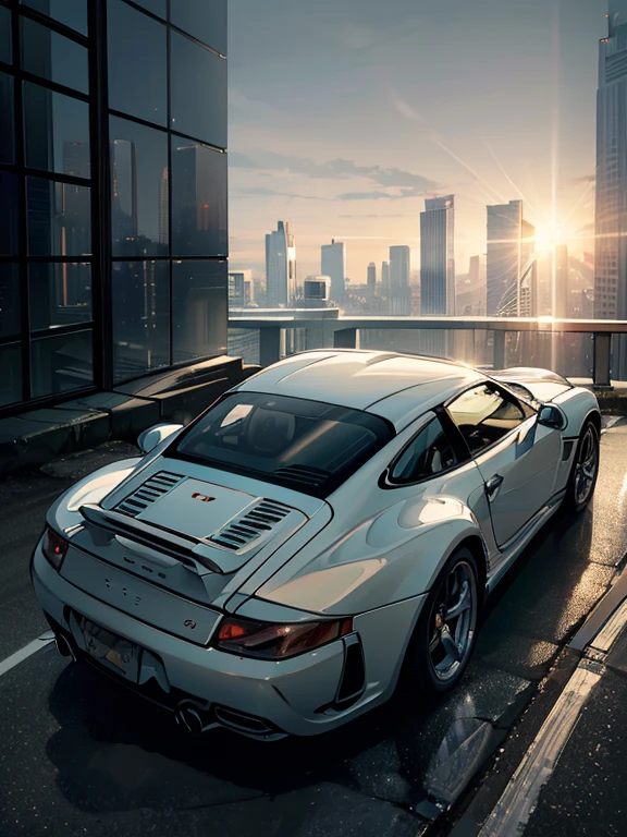 anime、Best Quality、High resolution、masterpiece、One car、Porsche 911 Carrera、White car body、(((At dusk)))、City、Skyscraper、(((Backlight)))、