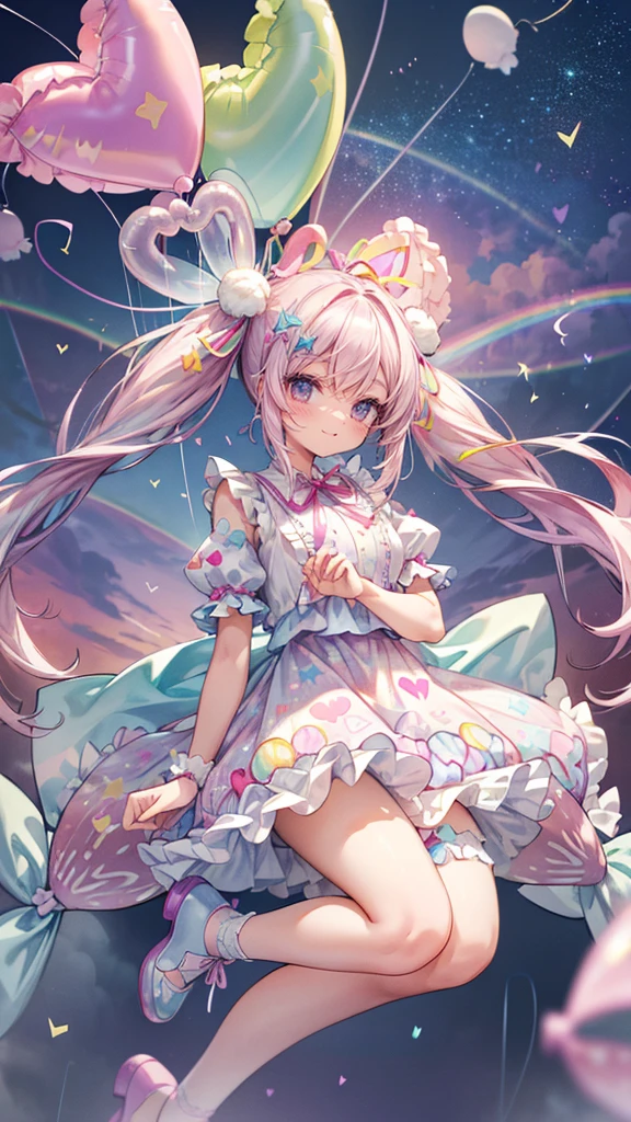 girl,((It's a Small World:1.3)),smile,Princess style from the fairy tale world,alice in wonderland,cheshire cat,close up of face,(polka dot background:1.2),red and white and pink and yellow,(look up:1.3),(NSFW),(fascinating cleavage),(Absolute area:1.3)