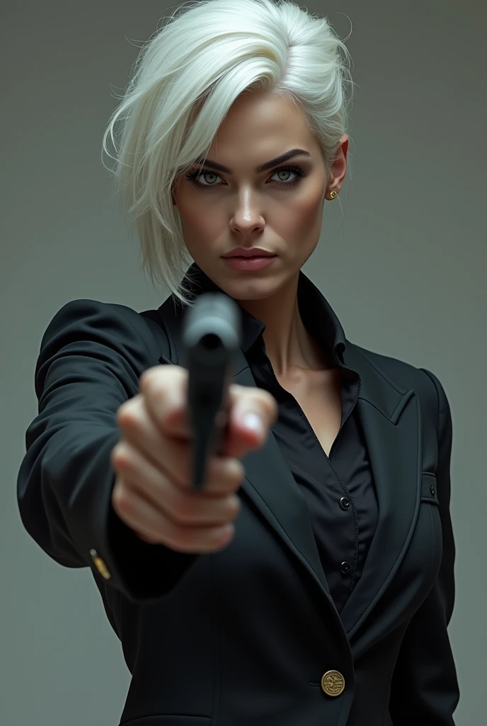 Woman 25 years old, tall and thin. curtain. Short curly blonde hair. Black suit. Tatuagem de cobra na mão. Pircing na sombrancelha. Uma glok M17 na mão.