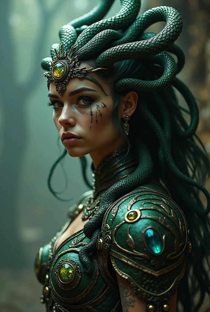((best quality)), ((masterpiece)), ((realistic)), Medusa, full body, the hair is composed of countless small snakes, green eyes, female face, metal carved top, royal aura, trend on artstation , sharp focus, studio photo, intricate detail, very detailed, detailed eye, illustration, very detailed, sharp focus, digital render, professional, 4k