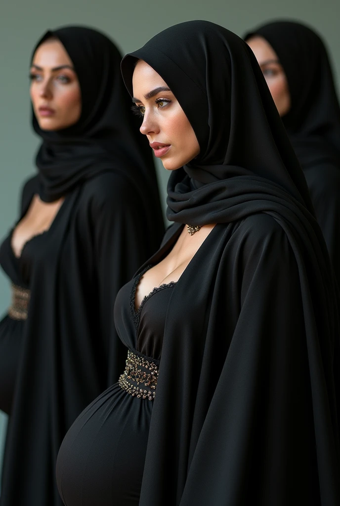 Ultra HD, masterpiece, 3d, sexy muslim girl, symmetrical face, sexy eyes, large boobies, sexy ass, clevage show, walking on the ramp, background modelling ramp, black sexy Thai showing burkha, black high heels, printed dress