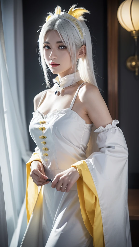 Excellent, masterpiece, white hair, golden eyes, white clothes, upper body, hair, fair skin, side braids, female