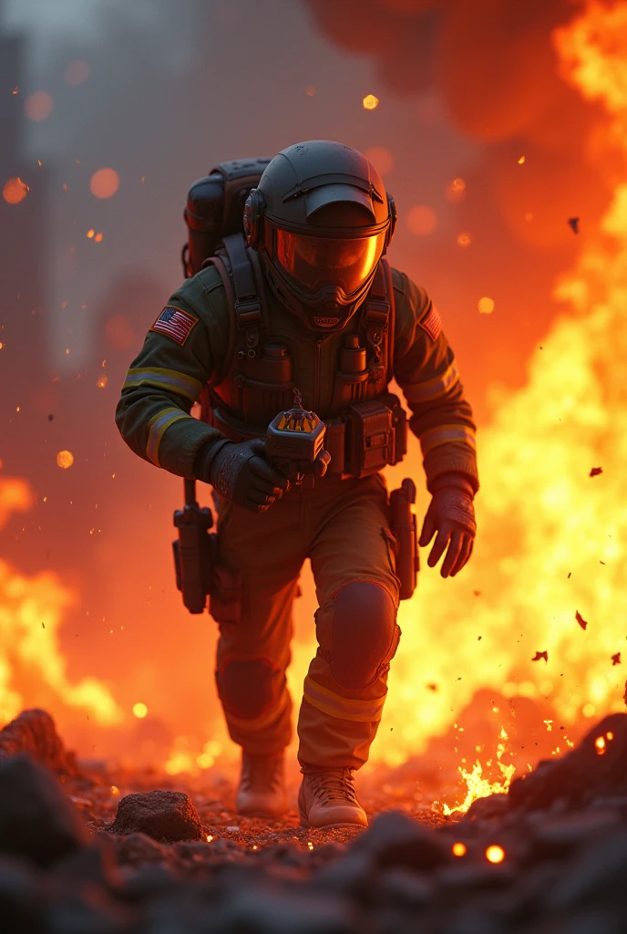 A rescue man at volcano mountain, hot atmosphere, detailed fire volcano, realistic, smoke everywhere, fire ashes, bursted volcano mountain, octane rendered, 24K UHD graphics quality, masterpiece, best quality, ultra detailed