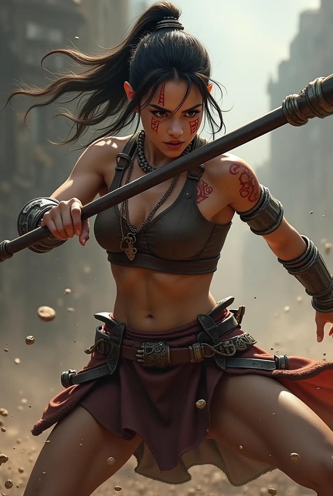 (masterpiece, high resolution: 1.3), (medieval female warrior: 1.1), (a skilled Amazon: 1.1), (bodybuilder Arafed, feminine and defined, Aleksandra Waliszewska, full breasts, defined physique, thin waist, pretty face, bright eyes, perfect eyes, serious and concentrated look, long hair wet with sweat, messy), wearing only sarashi, breastplate, bandages on breasts, bandages on arms: 1 3), ((muscular body with multiple marks and scars from intense fights)), ((extremely intricate and detailed marks and scars on the body)), (fierce determination on his face: 1.1), (delivering a sword strike in an arena: 1.2), (debris from the impact suffered from the blows: 1.2), (Nikon D850 camera, known for its high-resolution capability: 1.2), (paired with the versatile Nikon AF-S NIK KOR 24-70mm f/2.8E ED VR :1.2), (capturing the raw and intense atmosphere of the medieval colisel-like arena :1.1), (a powerful impact of the sword swing:1.1), (the rhythmic sound of the sword striking:1.1), (sparks flying in the air:1.2), (the heat and sweat of hard battle:1.1), (a test of skill and strength:1.1), (the skillful hands of the warrior wielding the sword :1.1), (a glimpse of the art of fencing:1. 1), (a fusion of strength and delicacy: 1.1), (the timeless tradition of swordsmanship: 1.1), (the warm and earthy environment of the arena: 1.1), (a scene of dedication and skill: 1.1), (the burning passion fights: 1.1), (illuminated by the glow of impact: 1.1), (the birth of a blade, symbol of strength and honor: 1.1), (an immersive experience in the world of medieval warriors: 1.1 ).
