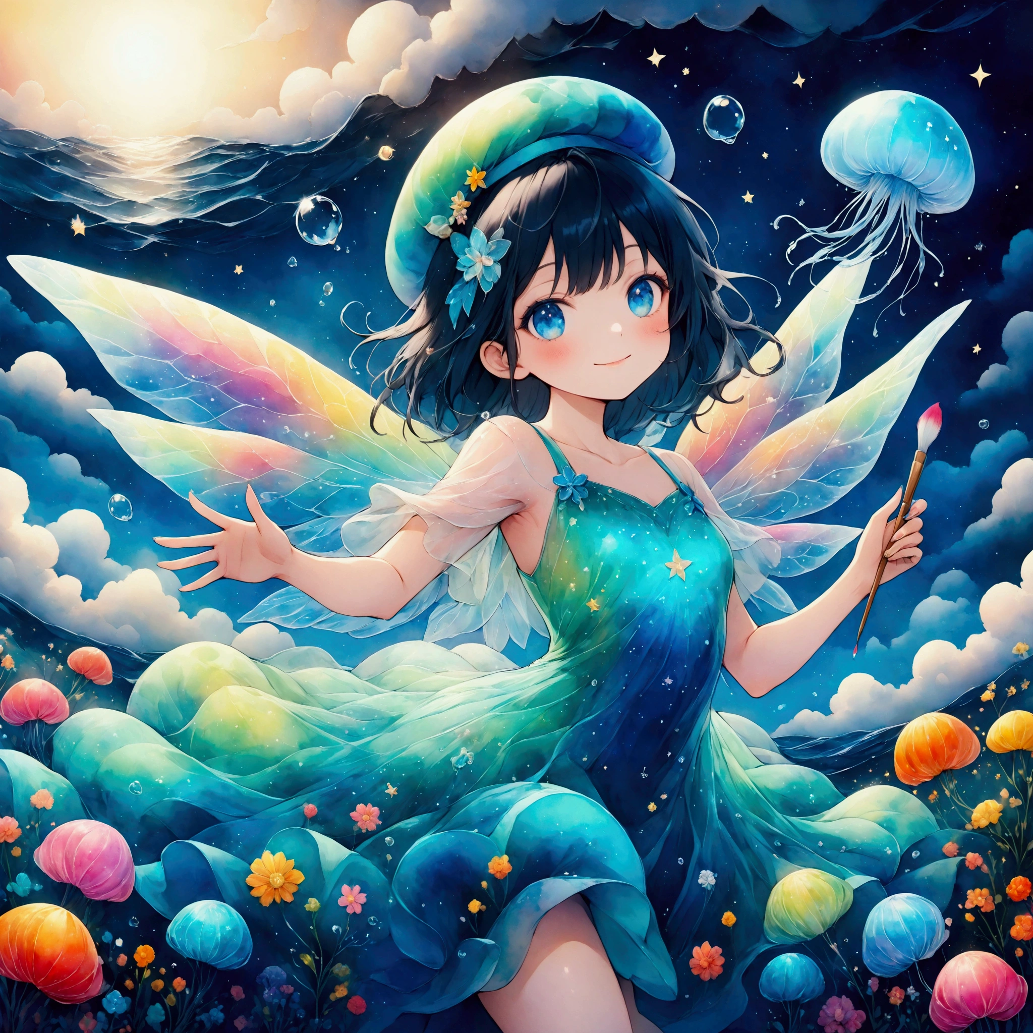 Fixes,A small sea fairy with a transparent blue body resembling a water droplet, delicate jellyfish-like wings on its back, and a stylish artist's beret on its head. The fairy is holding a paintbrush in its hand, flying through the air, and using the waves and wind of the sea to paint. Surrounded by soft sea foam and gentle breezes, the character radiates creativity and joy. The atmosphere is whimsical and artistic, with warm, friendly expressions that emphasize the fairy's role as a cheerful and imaginative mascot. The scene captures a light and playful mood, with a focus on the fairy's beret and artistic tools.,Anatomically correct,colorful,colorfulな呪文を唱える,Colorful,Absurdly beautiful,Transparency,Bioluminescent Dress,Flying Jellyfish,Water Drop,paintbrush