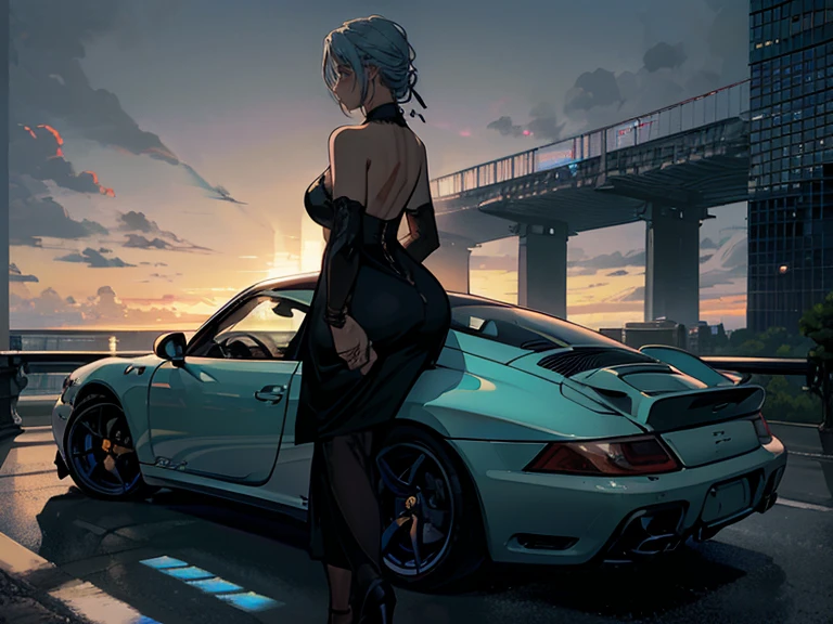 anime、Best Quality、High resolution、masterpiece、One car、Porsche 911 Carrera、Blue body、(((At dusk)))、City、Skyscraper、(((Backlight)))、Side view composition、There is no one、