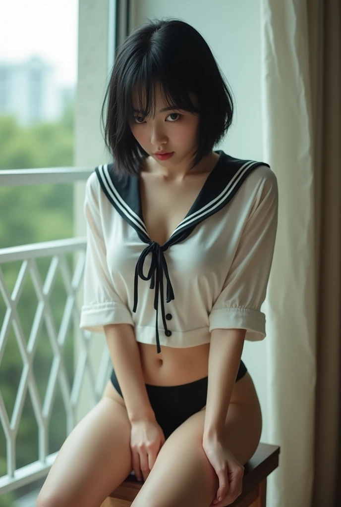 NSFW,(in 8K、top-quality、masterpiece:1.2)、(reallistic、Photorealsitic:1.3)、 Phenomenally cute girl、46 years old、(((cammel toe)))、(((Spread your legs apart、full body Esbian:1.3)))、独奏、Classroom、watching at viewers、In the school、Colossal tits、Fine and beautiful eyes、(long straight black hair)、Wet lips、 sox, neck tie, masterpiece, top-quality, ultra-detailliert
