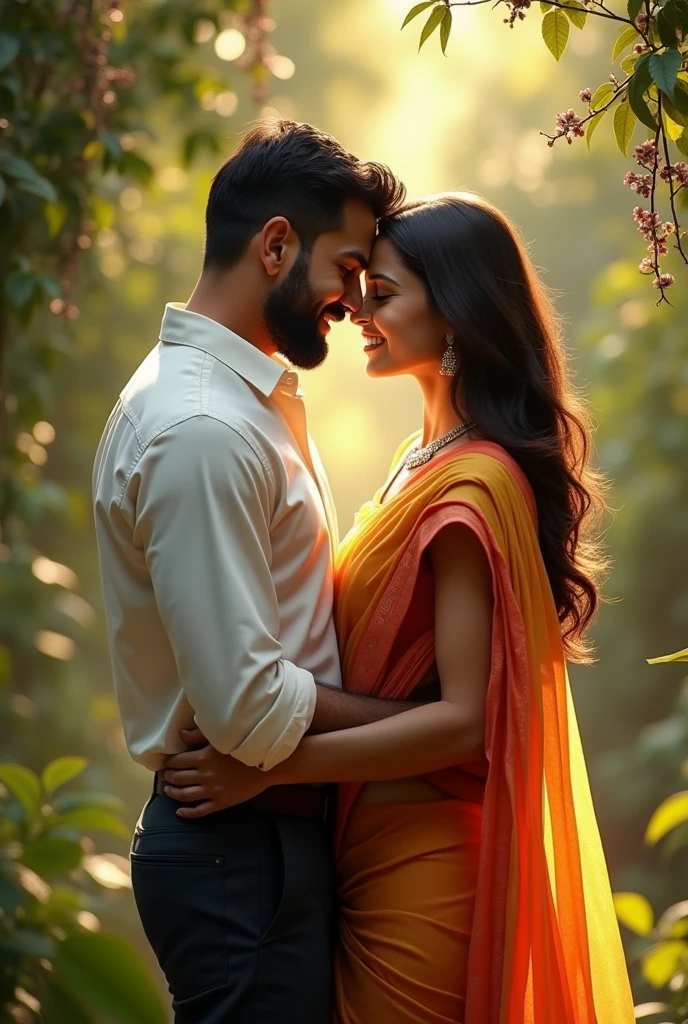 A beautiful lean Indian woman wearing read saree locking her hands with the handsome man's neck who is tall handsome like hritik Roshan wearing white button up t-shirt and black jeans. Ai cover