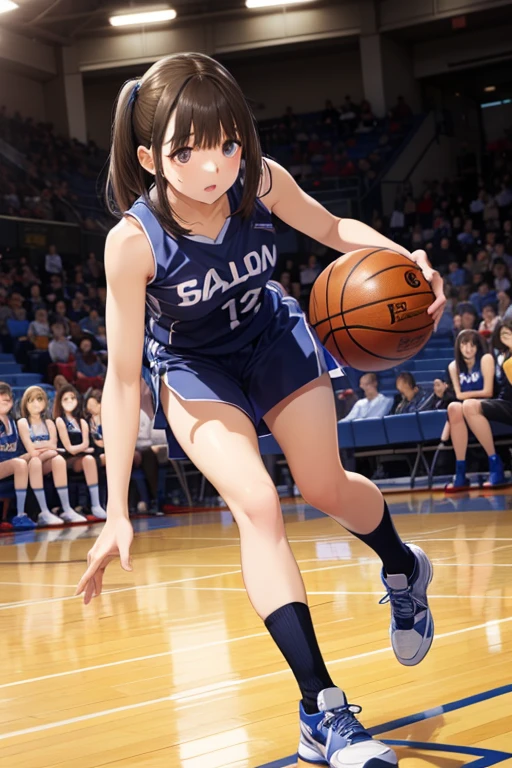 ((Best Quality)), ((masterpiece)), ((Very detailed)), (Very delicate and beautiful),1 Girl、Stern expression、basketball、Only one girl has one ball.、basketballのユニフォーム、Black uniform、Basketball shoes、socks、試合中のbasketballの印象的な動き、In the gym、Accurate basketball position