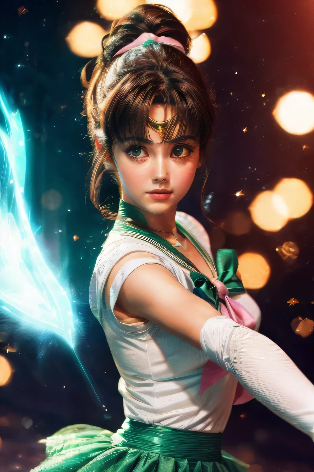 sailor jupiter, realistic, beautiful detailed eyes, beautiful detailed lips, extremely detailed face and eyes, long eyelashes, sailor jupiter green outfit, green skirt, pink ribbon, white top, high ponytail with full bangs hair, cinematic lighting, vibrant colors, dramatic pose, intricate costume details, dynamic action, photorealistic, (best quality,4k,8k,highres,masterpiece:1.2),ultra-detailed,(realistic,photorealistic,photo-realistic:1.37), 1980 dark fantasy movie