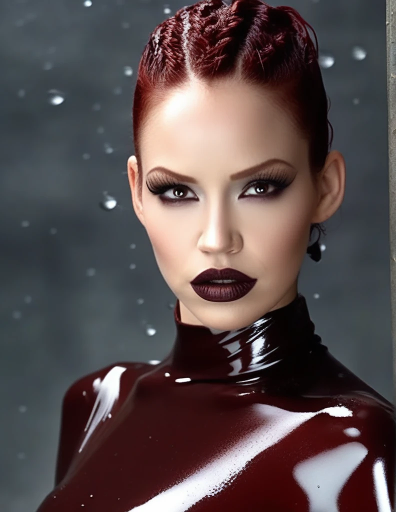 close up portrait photo of bncbchmp ,  downpour, soaking wet, dripping wet, wet hair, extra dark makeup, dark burgundy lipstick, very pale skin,  scared, action pose, facing viewer, accurate lighting, wearing black latex outfit, (masterpiece, top quality, best quality, official art, beautiful and aesthetic