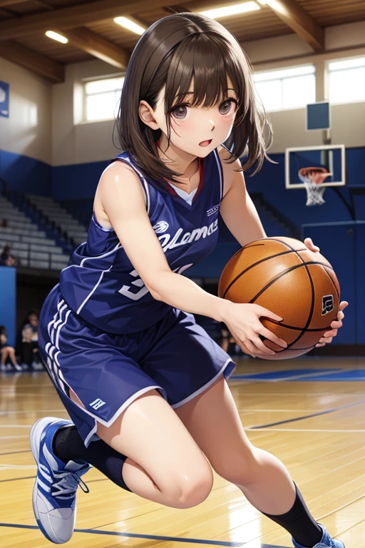 ((Best Quality)), ((masterpiece)), ((Very detailed)), (Very delicate and beautiful),1 Girl、Stern expression、basketball、Only one girl has one ball.、basketballのユニフォーム、Black uniform、Basketball shoes、socks、試合中のbasketballの印象的な動き、In the gym、Accurate basketball position