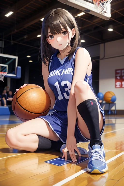 ((Best Quality)), ((masterpiece)), ((Very detailed)), (Very delicate and beautiful),1 Girl、Stern expression、basketball、Only one girl has one ball.、basketballのユニフォーム、Black uniform、Basketball shoes、socks、試合中のbasketballの印象的な動き、In the gym、Accurate basketball position