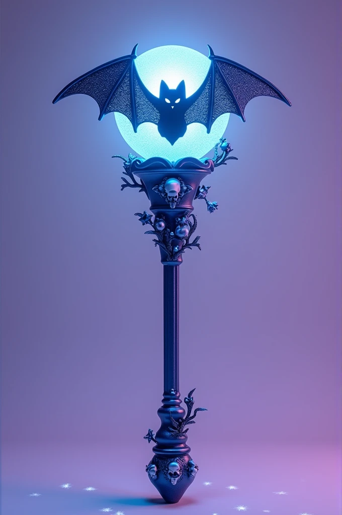 a Lightstick with a small fake bat in the center on a lilac background, thick stick, details with glitter, stars and small skulls. Only PURPLE, WHITE AND BLACK are allowed colors.