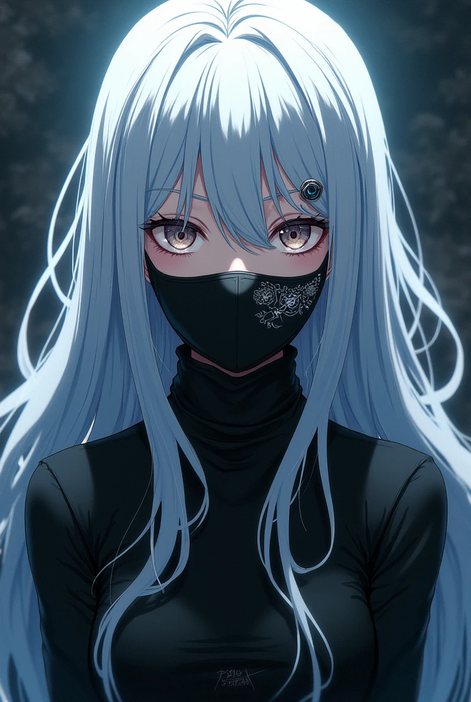 A white Japanese anime man with a scared face from the side with long white hair, cute little one with blue eyes and wearing a blindfold covering his eyes and black clothes