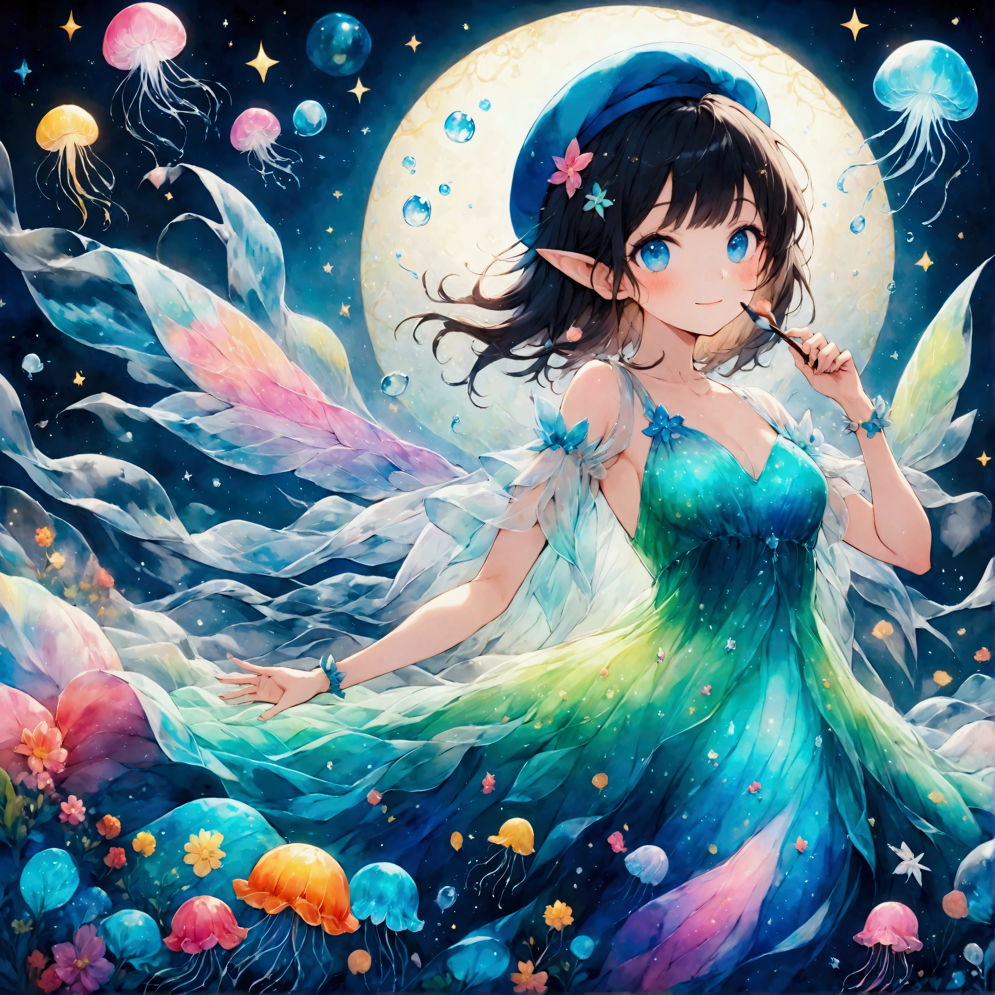 A small sea fairy with a transparent blue body resembling a water droplet, delicate jellyfish-like wings on its back, and a stylish artist's beret on its head. The fairy is holding a paintbrush in its hand, flying through the air, and using the waves and wind of the sea to paint. Surrounded by soft sea foam and gentle breezes, the character radiates creativity and joy. The atmosphere is whimsical and artistic, with warm, friendly expressions that emphasize the fairy's role as a cheerful and imaginative mascot. The scene captures a light and playful mood, with a focus on the fairy's beret and artistic tools.,Anatomically correct,colorful,Colorful,Absurdly beautiful,Transparency,Bioluminescent Dress