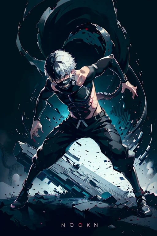 1boy, 8k, anime, portrait, best quality, ultra high res, ultra detailed, black and high constrast color tone, extremely detailed lighting, cinematic lighting, soft lights, (masterpiece, high quality:1.4), (kaneki ken, black hair, white hair, red and black eye, mask | teeth, blood eyes, black clothes, scorpio tentacles),  blood, ((full body)), (dynamic pose), black background, thrilling, (fierce face) detailed body, detailed face