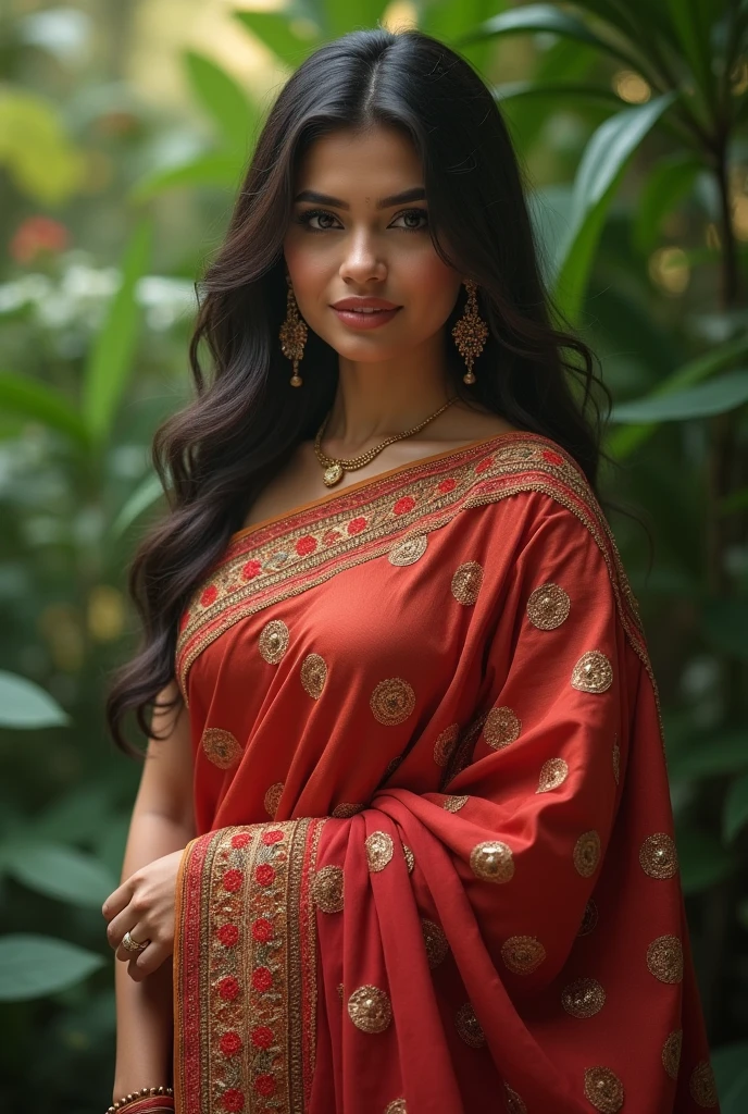 A beautiful young india woman, detailed beautiful eyes, detailed beautiful face, detailed beautiful nose, tan skin , naked breasts . in a vibrant red Sari Dress , The background contains tall grasses and bushes. The background is a bustling outdoor house tranquil landscape with mountains and india trees.