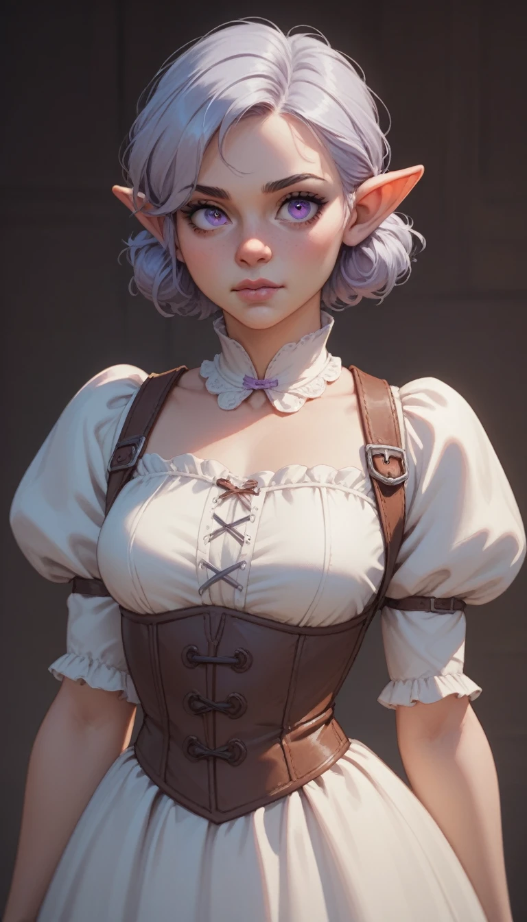 waist-length portrait, Best quality, masterpiece, contrasting light, best light and shadows, rich colors of the image, 2D illustration, empty background, front view, light-colored clothing in medieval fantasy style, female character, young character, petite and agile physique, pale skin, violet eyes, short silver hair, mischievous expression, pointed nose, soft cheeks, round eyes, small ears.