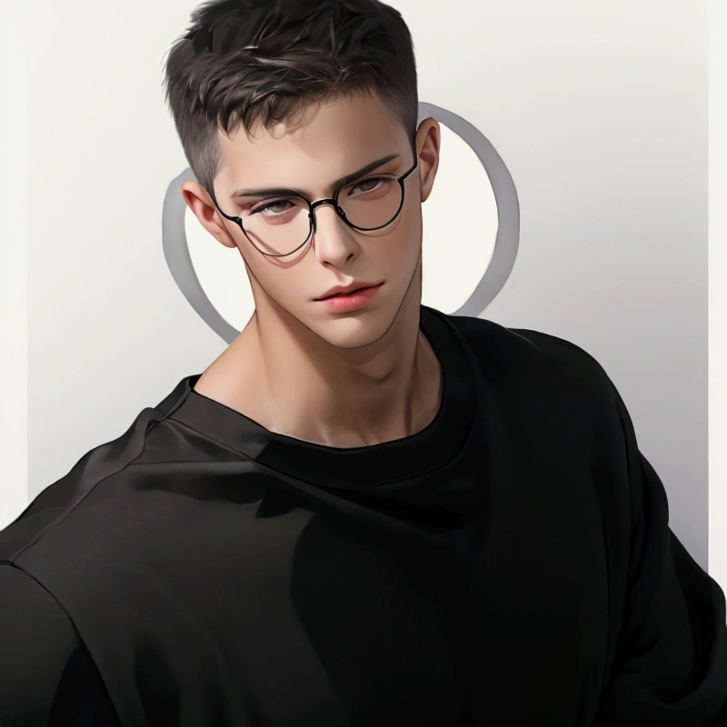 Male, black short hair, black eyes, white skin, a small mole just beneath his outer corner of left eye, wear round black framed glasses, lean form, abs, handsome; wearing a black tightly t-shirts and gray sweatpants 