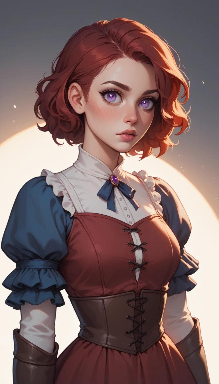 waist-length portrait, Best quality, masterpiece, contrasting light, best light and shadows, rich colors of the image, 2D illustration, empty background, front view, light-colored clothing in medieval fantasy style, female character, middle-aged character, lean and agile physique, pale skin, violet eyes, short red hair, curious expression, small nose, high cheekbones, almond-shaped eyes, medium ears.