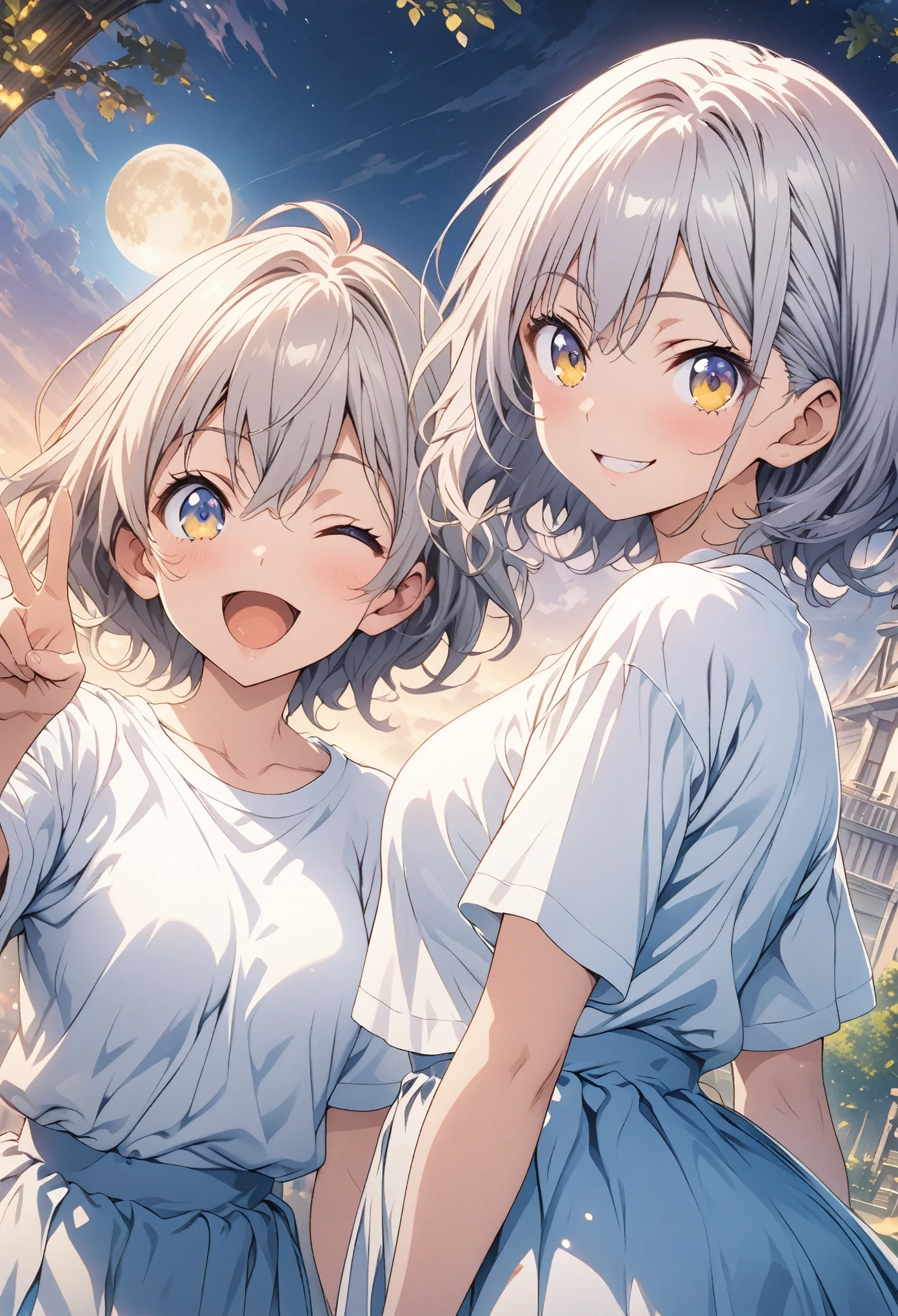 Two Women, Asuka Shikinami and Rei Ayanami, Having anal sex outdoors、Anal Release, smile, excited, incontinence, Double Peace Sign