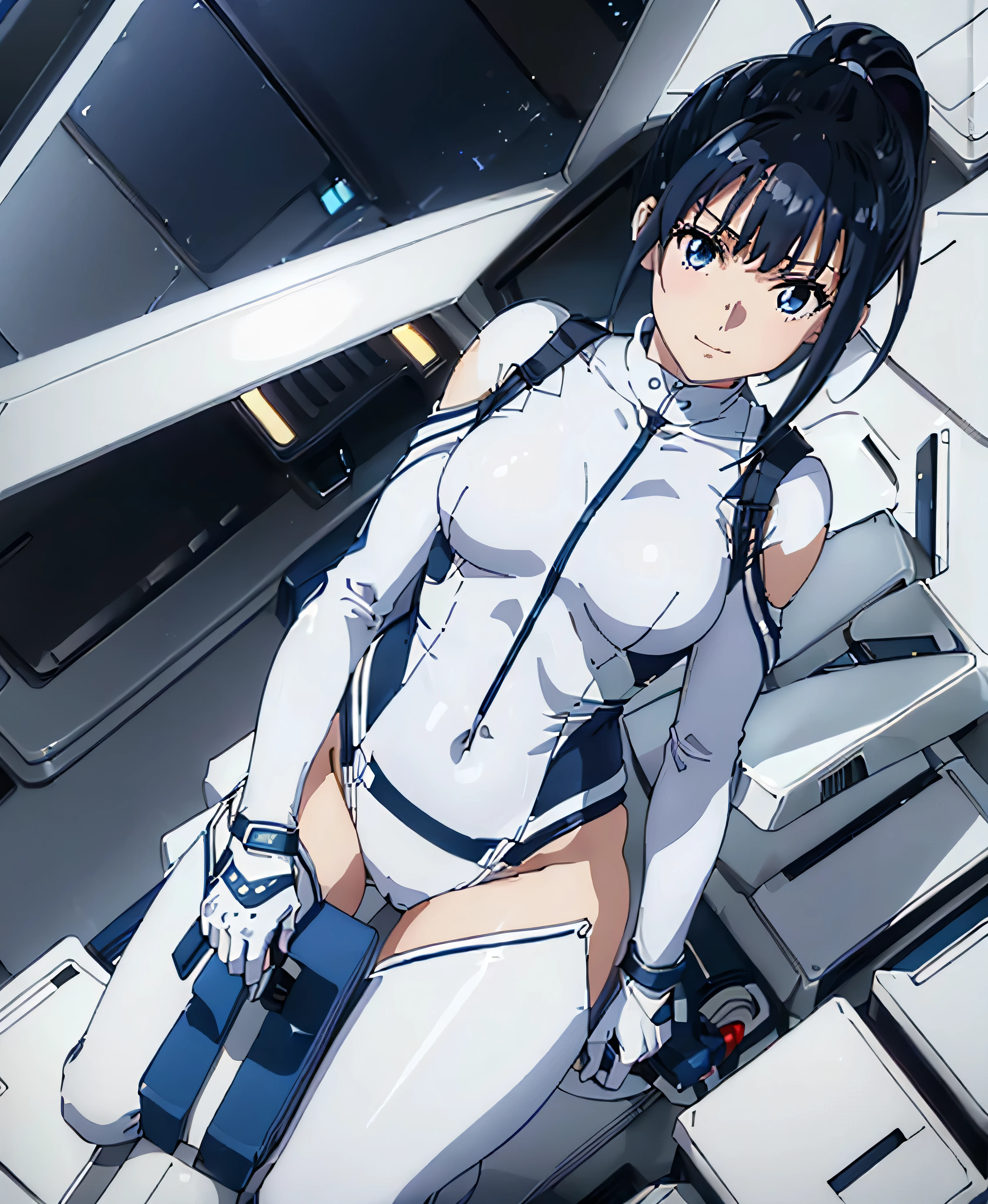(masterpiece、Best Quality、Highest Resolution、Clear_image、Detailed details、The angle is from above): (solo、A girl alone、Japanese Faces、High knot ponytail、Dark blue hair girl、Small breasts、（Perfect body：1.4）、Sparkling blue eyes、(White and navy blue zero suit、White and navy bodysuit、White and navy tight-fitting clothing、Wear full white and navy blue cover、White and navy thigh-covering pants、White and navy shoulder cover outfit、White and navy cropped jacket、White and navy shiny clothes、Navy blue tight-fitting pants that hide the legs、Armor to hide the chest、Clothes that cover the shoulders)、Very delicate and beautiful、Slim body、Exoskeleton、Cute、A gentle smile、Soft expression、heroine、White and navy blue long boots、Elbow-length gloves)、Mscockpit,cockpit,Fantasy,ROMANCE,TEEROR,COMICS,nfws,hero,Mecha,Mechanical,mechanical body,Cartoon,inoue takina