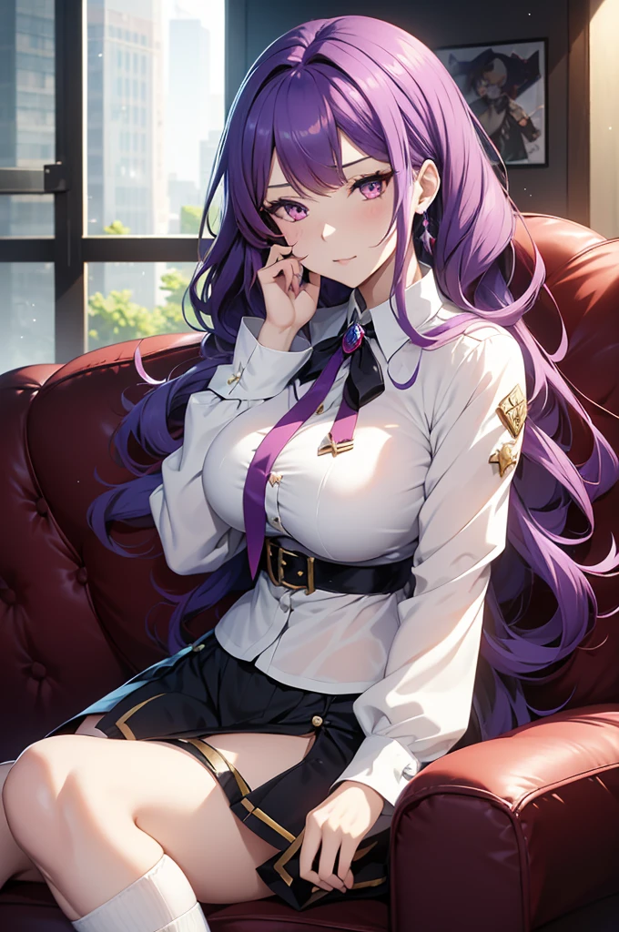 Keqing, genshin impact, 1 girl, alone, ((white shirt)), black Thighhighs, huge breasts, cleavage, uniform, office background, black skirt, pleated skirt, office, hair between eyes, messy hair, large chest, long hair, looking at the viewer, purple hair, choker, pierce, ear piercing, lip piercing, purple short nails, purple eyes, alone, Thighhighs, thick thighs, very long hair, ((masterpiece)), sitting, Chair, machine, computer on machine, name tag, id tag, indoor, blush, smile, show teeth, sexy pose,lure