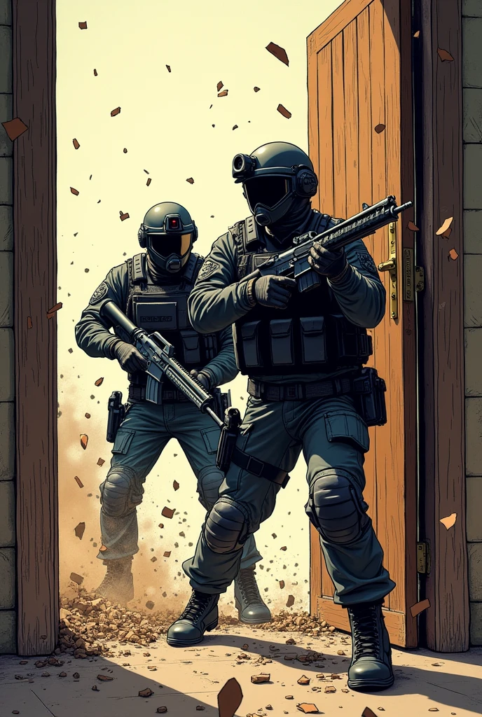 Hand-drawn, comic style, dynamic and action-packed: Two police officers in tactical gear are breaching a door. Both are wearing helmets with visors, protective vests, and gloves. One officer is holding a heavy battering ram, swinging it with full force against the wooden door, which is shattering into large splinters. The motion is frozen in a dramatic pose – the officer leans forward with tensed muscles as he pushes the ram into the door. The second officer is positioned behind him, slightly crouched, one hand on his weapon, ready to charge in once the door is broken. The background shows a narrow hallway, slightly smoky to heighten the tension. Debris and splinters fly through the air, with dust particles adding to the sense of chaos. The scene is filled with energy and movement, with strong contrasts and dynamic lines to emphasize the intensity of the moment.