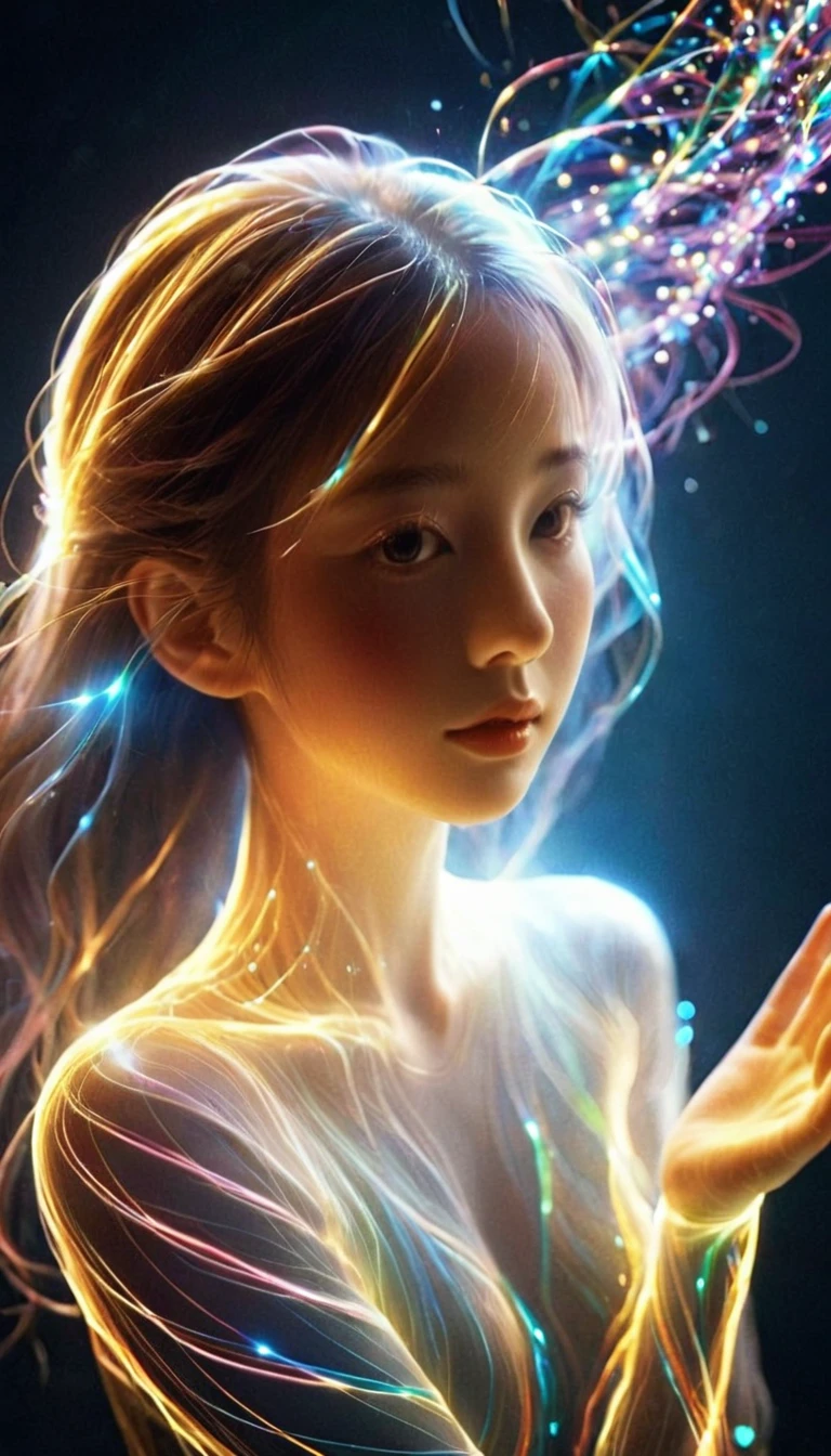 bailing_particles,bailing_lines,Lines of light,Particles of Light,A girl made of particles,The density of lines at the finger part is high,standing split,