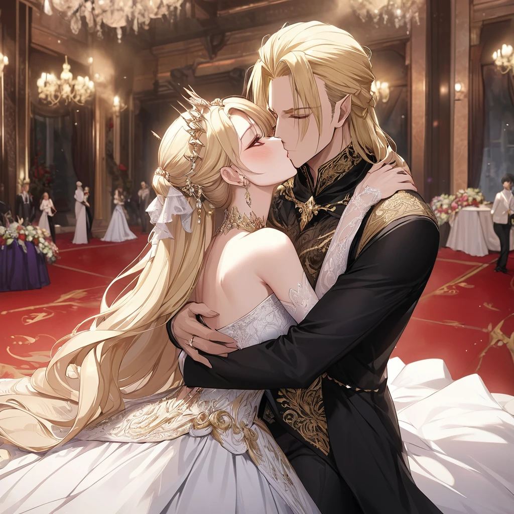 ((Best Quality)), ((masterpiece)), (detailed), （Perfect Face）、The woman was Seras Ashlain, a blonde high elf queen wearing a royal black wedding dress with gorgeous gold embroidery and trim, adorned with luxurious jewelry and an engagement ring.、In a large, luxurious wedding hall, the woman embraces the devil man, kisses him, and gets married.、A dignified demon king and an elegant and refined queen who loves and follows him with all her heart.、The devil man is a king and he embraces and loves the woman