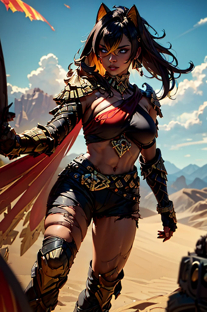  A adult girl in realistic portrait of high quality and detail, in selfie mode for Instagram, Snapchat influencer, Full photo standing and happy in the nature, Desert, Dehya (Genshin Impact), a tall young black woman with dark skin, sky-blue eyes and black hair with ochre accents. Accessories resembling cat ears can be seen on her head. Her outfit consists of a top made of black and red fabrics, short black shorts, high boots and fingerless gloves, as well as a bunch of belts. On her hands, you can see elements of gold-colored armor: a shoulder pad, bracers and a glove on her right hand and a bracelet on her left bicep. She also wears a dark red "feathery" cape with two gold ornaments hanging from it. blue sky, white cloud, looking at viewer, (ultra-high detail:1.2), Masterpiece, Best Quality, Ultra-detailed, Cinematic lighting, 8K, delicate features, cinematic, 35 mm lens, f/1.9, highlight lighting, global lighting –uplight –v 4, cinematic, intense gaze, Cinematic lighting, 8K, high quality, Highest Quality, (Solo Focus), (extremly intricate:1.3), (Realistic), dramatic, masterful, Analog style, (Film grain:1.5), (warm hue, cold tone)