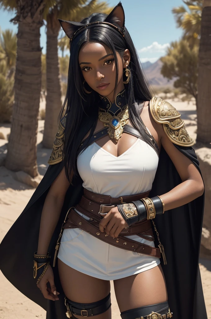  A adult girl in realistic portrait of high quality and detail, in selfie mode for Instagram, Snapchat influencer, Full photo standing and happy in the nature, Desert, Dehya (Genshin Impact), a tall young black woman with dark skin, sky-blue eyes and black hair with ochre accents. Accessories resembling cat ears can be seen on her head. Her outfit consists of a top made of black and red fabrics, short black shorts, high boots and fingerless gloves, as well as a bunch of belts. On her hands, you can see elements of gold-colored armor: a shoulder pad, bracers and a glove on her right hand and a bracelet on her left bicep. She also wears a dark red "feathery" cape with two gold ornaments hanging from it. blue sky, white cloud, looking at viewer, (ultra-high detail:1.2), Masterpiece, Best Quality, Ultra-detailed, Cinematic lighting, 8K, delicate features, cinematic, 35 mm lens, f/1.9, highlight lighting, global lighting –uplight –v 4, cinematic, intense gaze, Cinematic lighting, 8K, high quality, Highest Quality, (Solo Focus), (extremly intricate:1.3), (Realistic), dramatic, masterful, Analog style, (Film grain:1.5), (warm hue, cold tone)